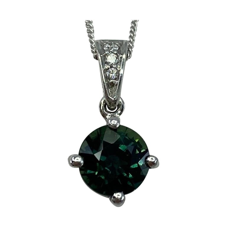 1.56ct Teal Blue Natural Sapphire Diamond Round Cut Platinum Pendant Necklace