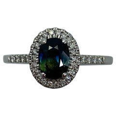 1.54ct Saphir australien bleu vert de couleur partielle & Diamant Bague Halo en platine