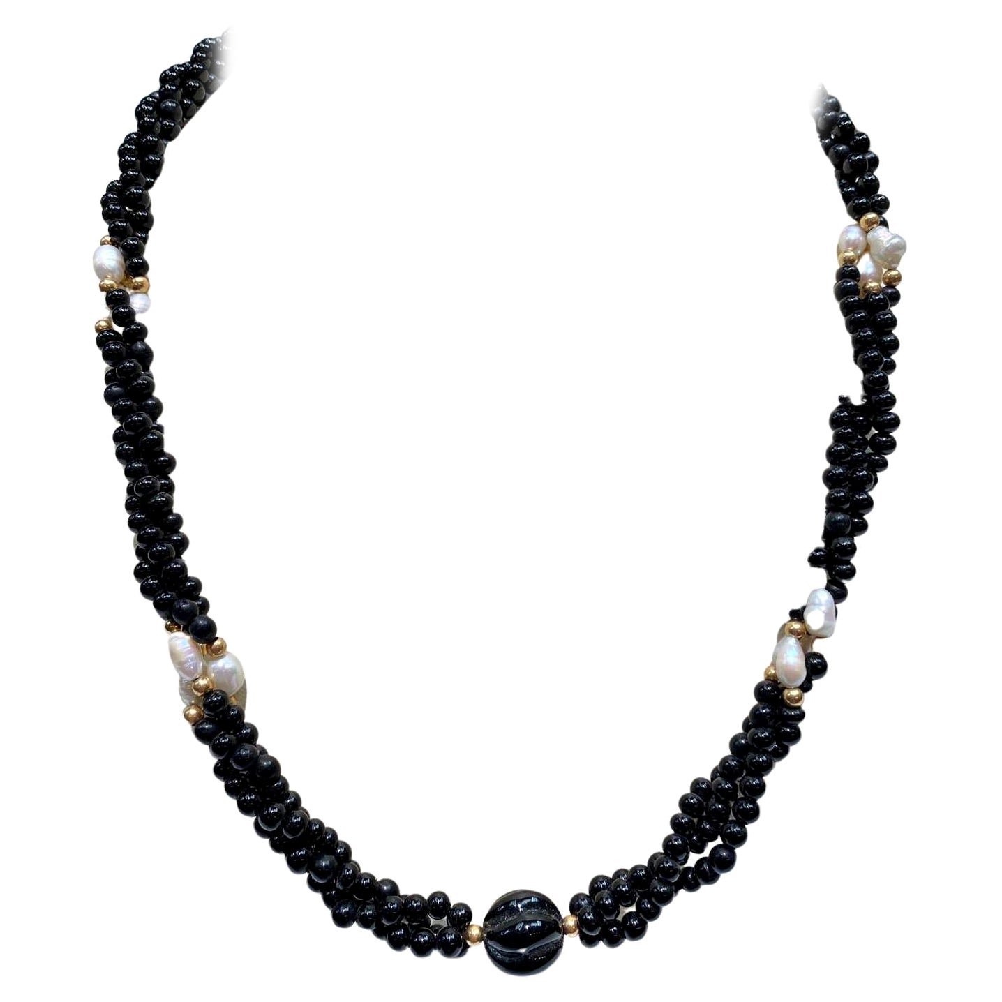 3 Strands of Onyx Pearls with 8pcs of Freshwater Pearls and Onyx Centerpiece For Sale