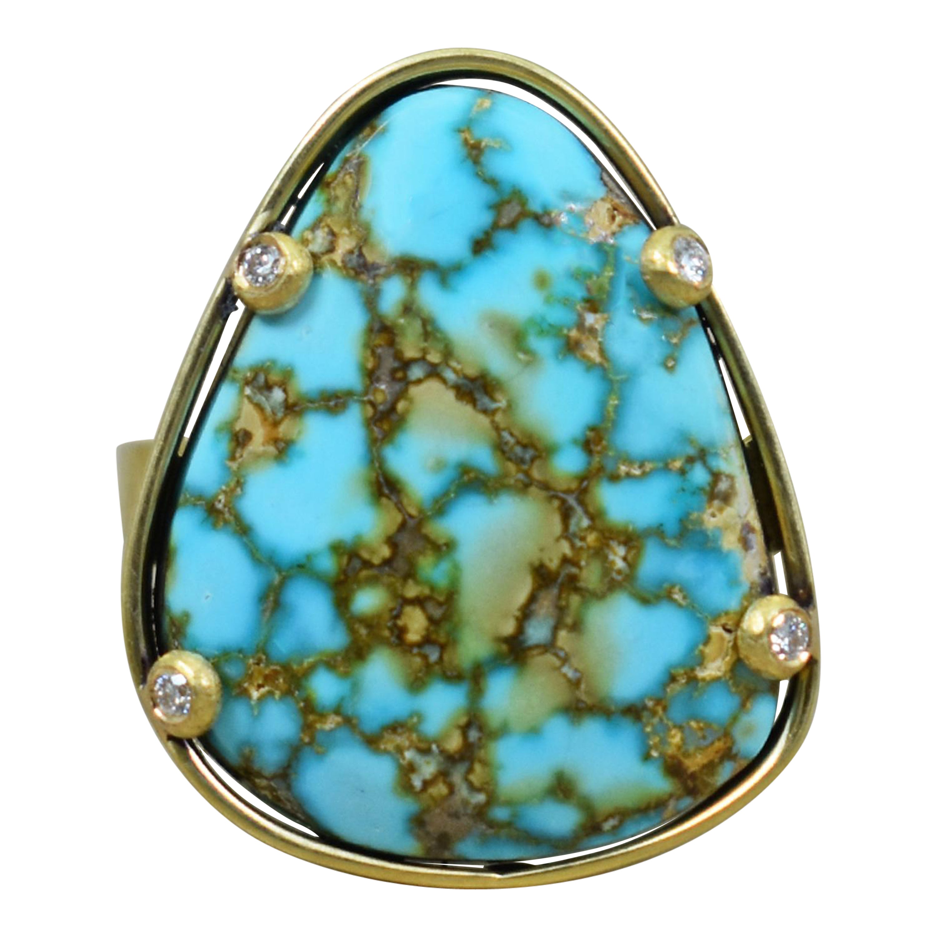 15.5 Carat Turquoise Mountain Turquoise & Diamond 18 Karat Solitaire Ring For Sale