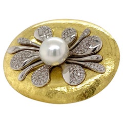 Handmade 18ct White and Yellow Gold South Sea Pearl and Diamond Splash Brooch