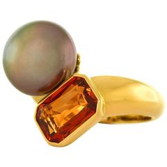 Retro 3.0 Carat Orange Sapphire and South Sea Pearl Gold Ring