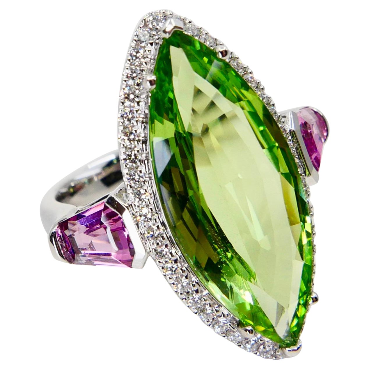 Natural Peridot 7.38 Cts, Pink Spinel & Diamond Cocktail Ring, Statement Piece