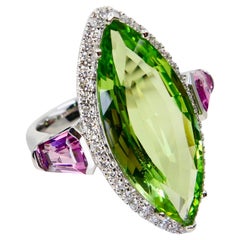 Natural Peridot 7.38 Cts, Pink Spinel & Diamond Cocktail Ring, Statement Piece