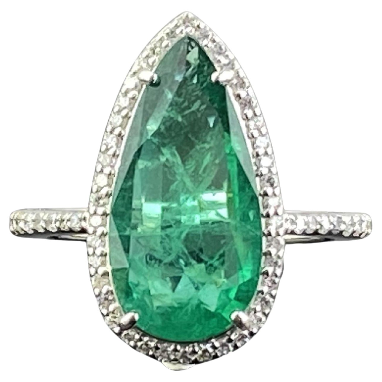 Certified 3.20 Carat Pear Shape Emerald and Diamond Engagement Ring