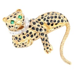 Yellow Gold Emerald & Diamond Leopard Brooch, 14k Round .18ctw Jungle Cat Pin