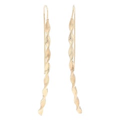 Yellow Gold Curved Spiral Line Drop Earrings, 14k Cascading Ribbon Pierced
