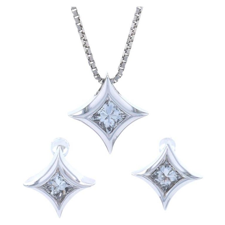 Diamond Earrings and Necklace Set 14k Gold Princess Cut Pierced .70ctw