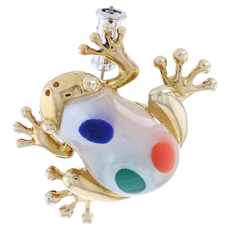 Mother of Pearl, Lapis, Coral, & Malachite Asch Grossbardt Frog Brooch 14k Gold