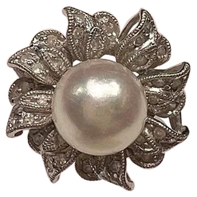 Akoya Pearl with 14k White Gold Ring with Diamonds For Sale