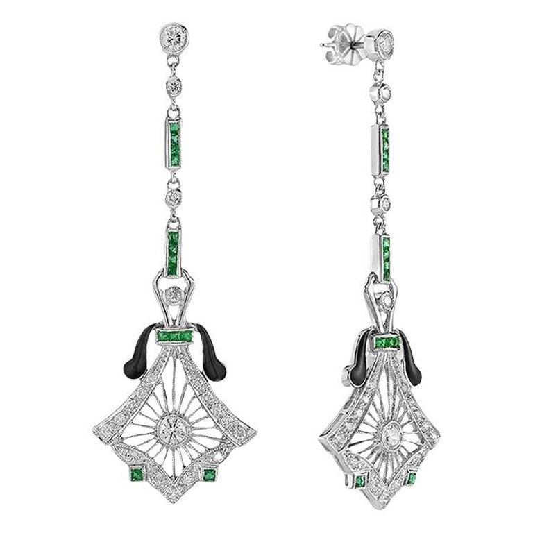 Diamond and Emerald Antique Style Drop Earrings in 14K White Gold For Sale