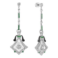 Diamond and Emerald Antique Style Drop Earrings in 14K White Gold