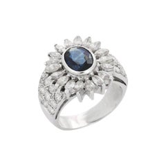 18k Solid White Gold Blue Sapphire and Diamond Big Flower Ring