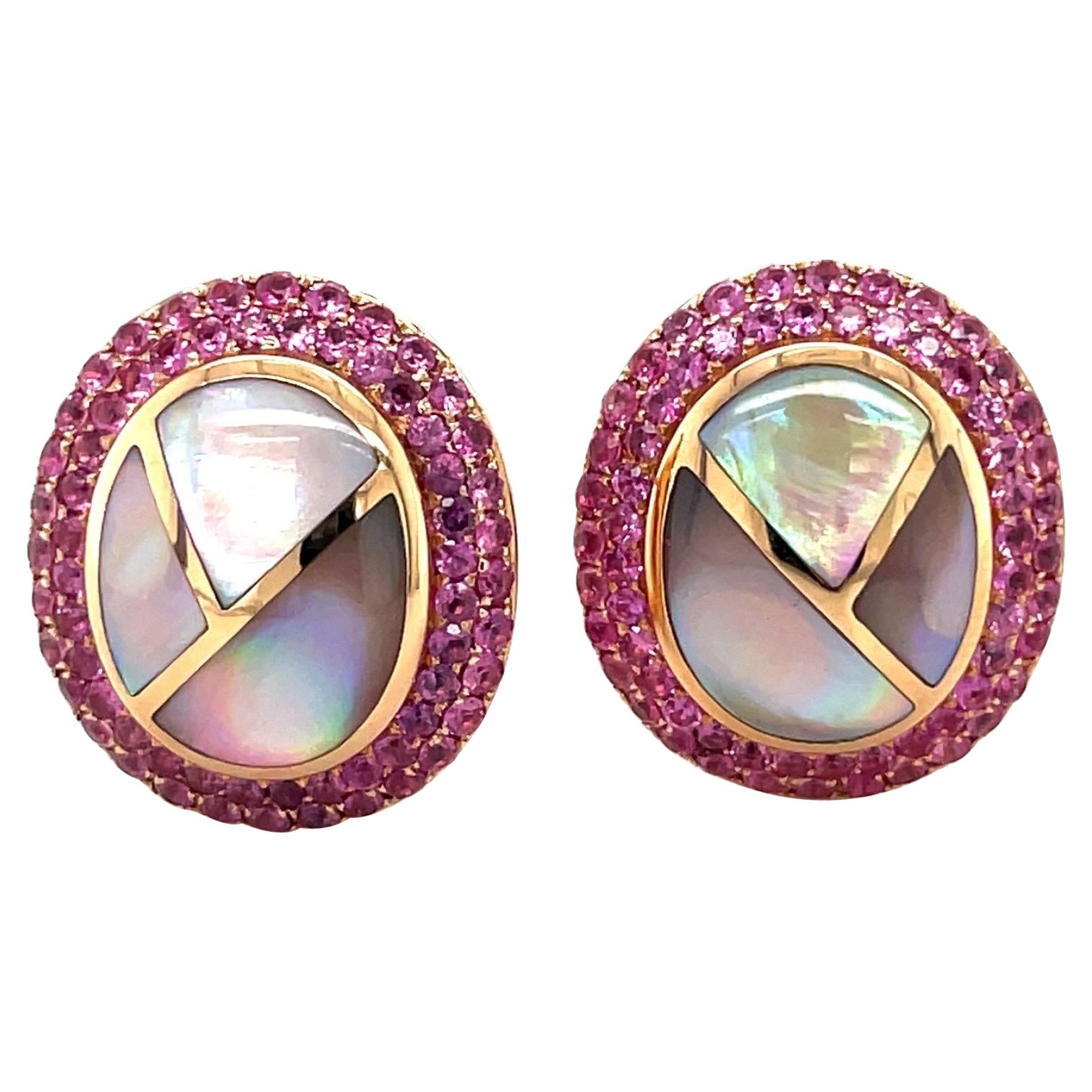 Asch Grossbardt 18KT RG Earrings 1.45CT Pink Sapphire & Pink Mother of Pearl For Sale