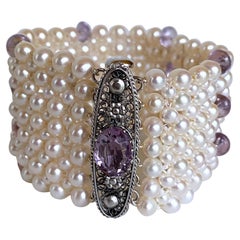 Marina J. Amethyst and Pearl Bracelet with Vintage Centerpiece Clasp and Rhodium