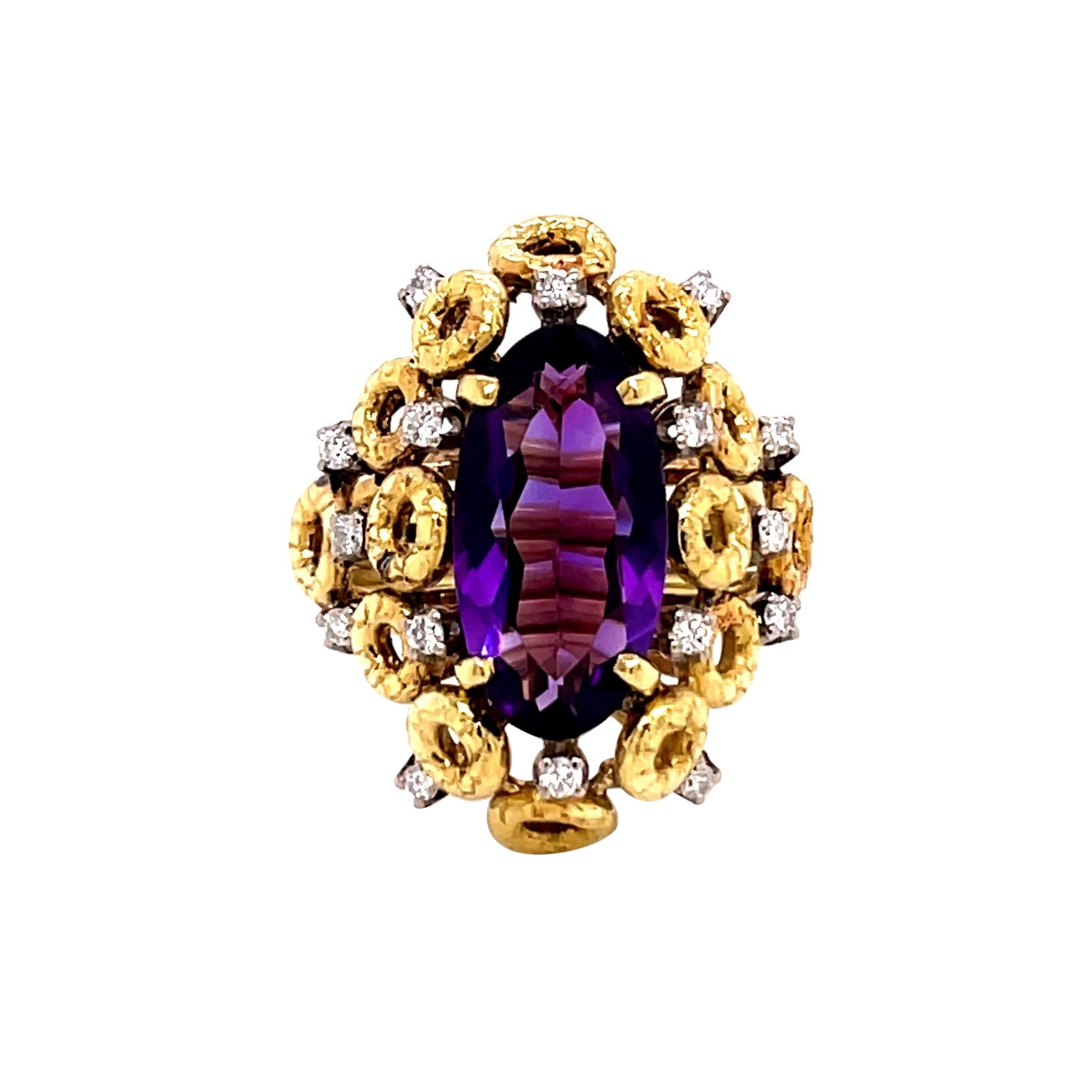 Vintage 1980's 3ct Oval Cut Amethyst Ring with Diamonds For Sale