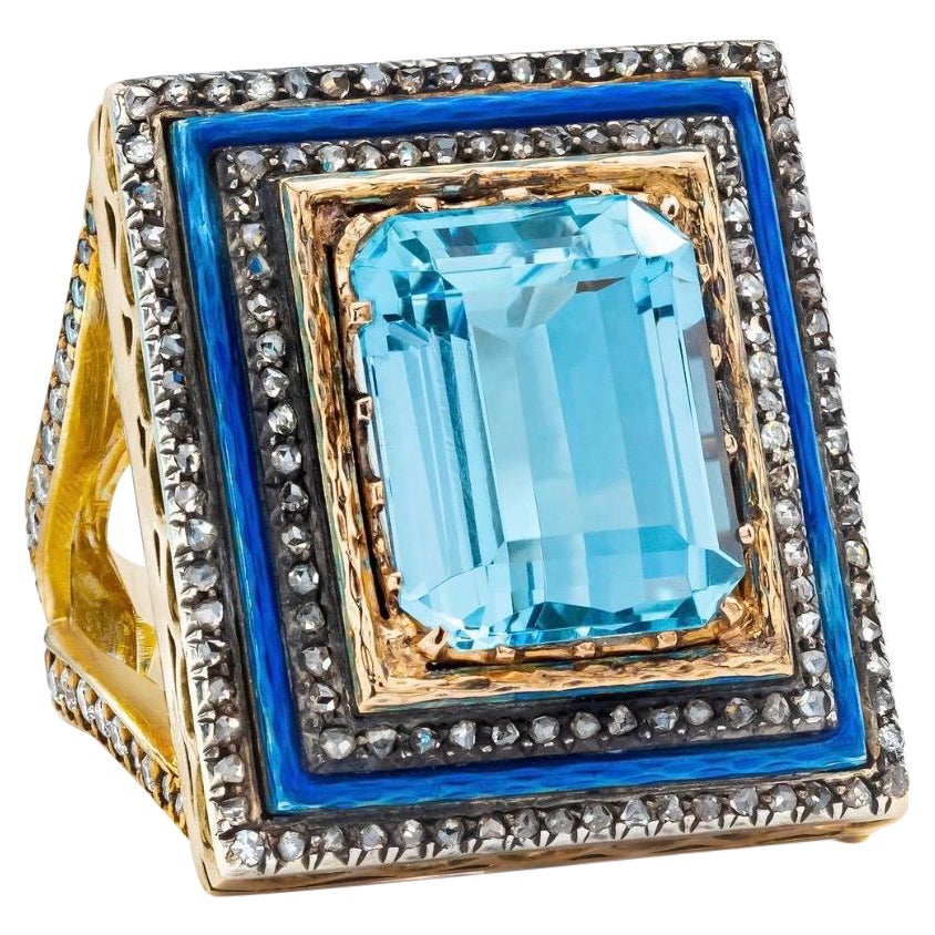 Magnificent Aquamarine Enamel Diamond 18k Gold Statement Ring