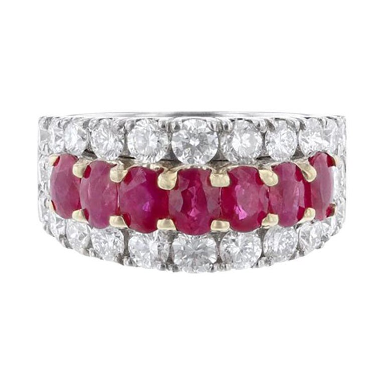 14 Karat Gold Oval Ruby Row Diamond Ring For Sale