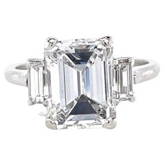 Vintage GIA 2.85 Carat Emerald Cut Diamond Three Stone Ring