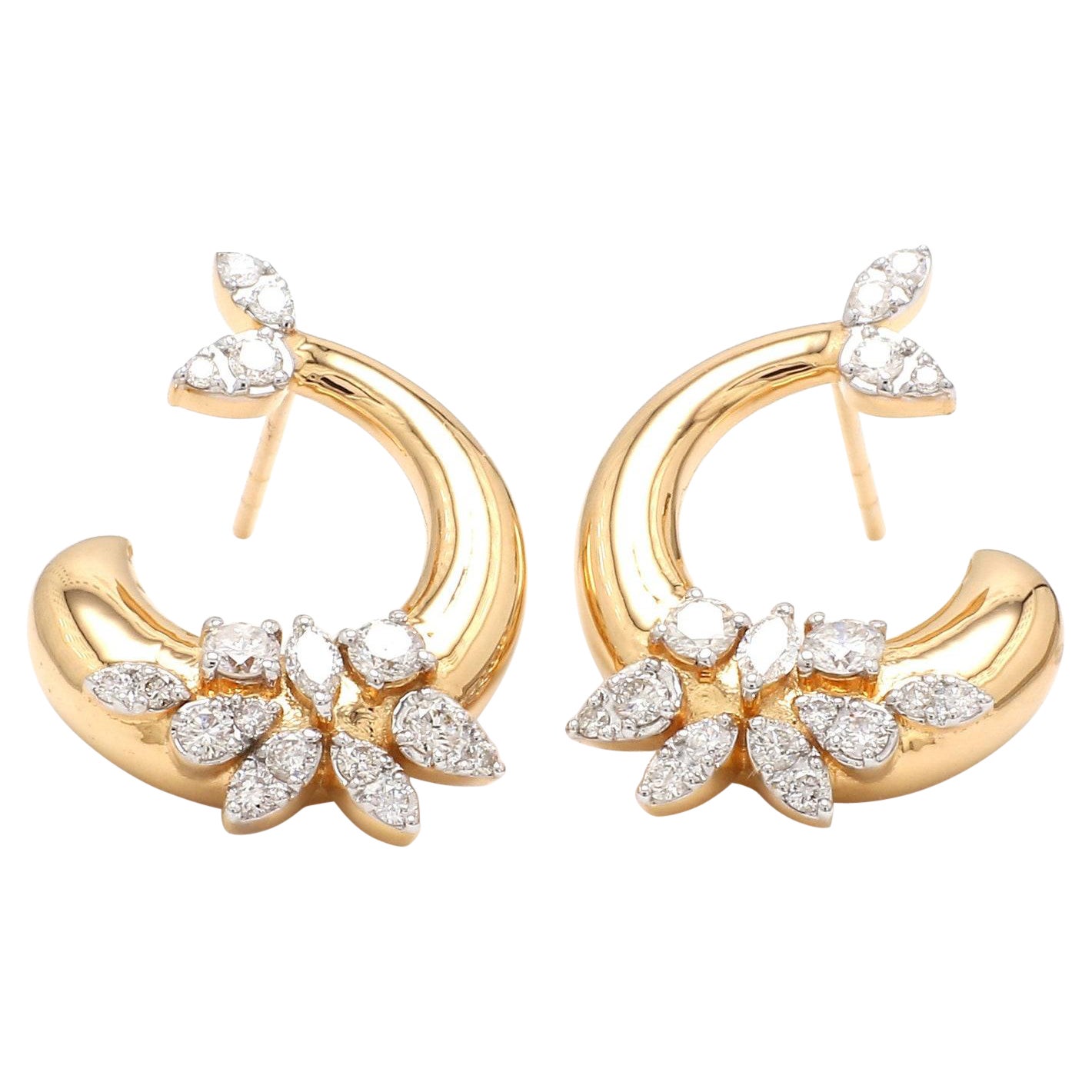 14 Karat Gold Diamond Crescent Earrings For Sale