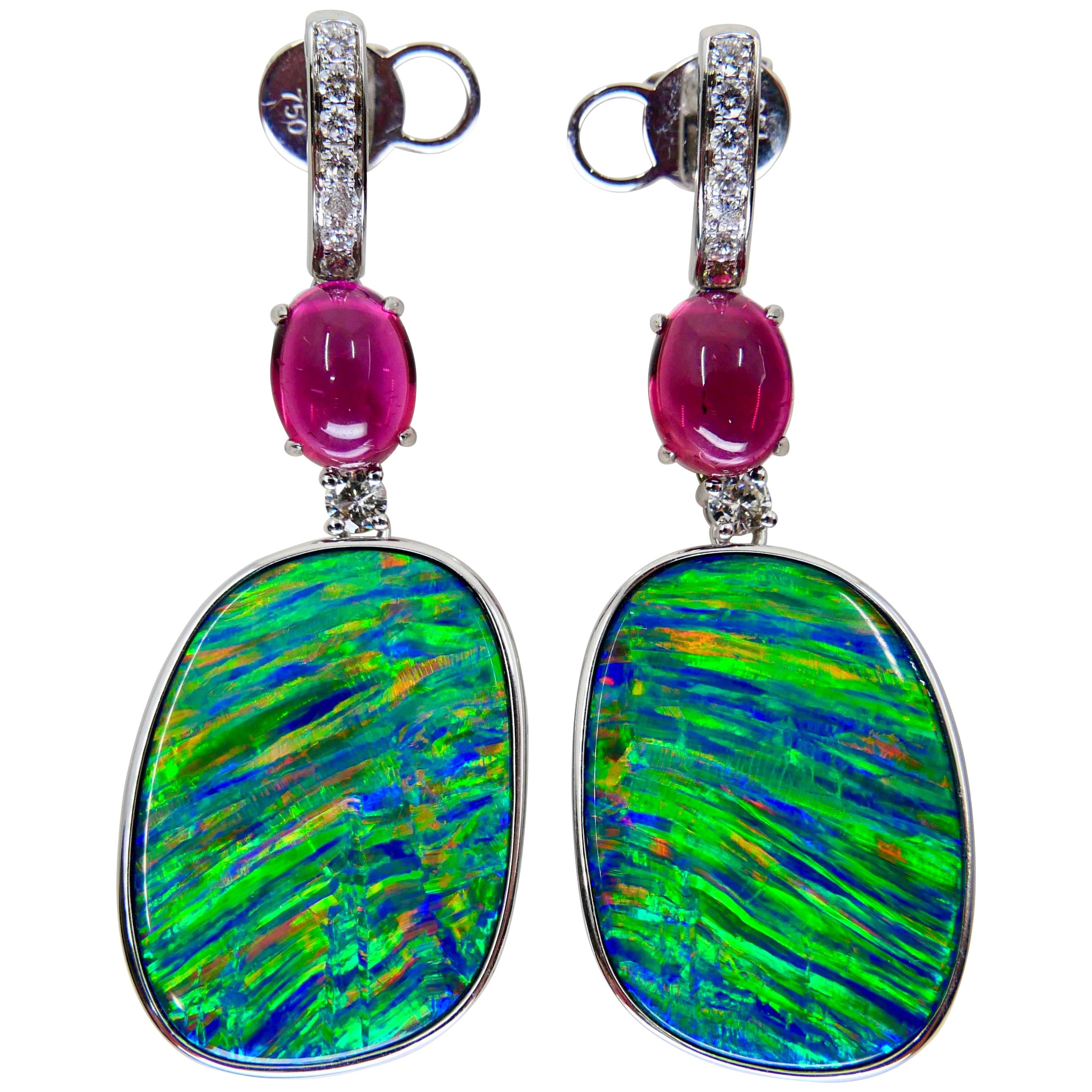 26.43 CTW Au Opal, Tourmaline & Diamond Earrings, Impressive Play of Colors