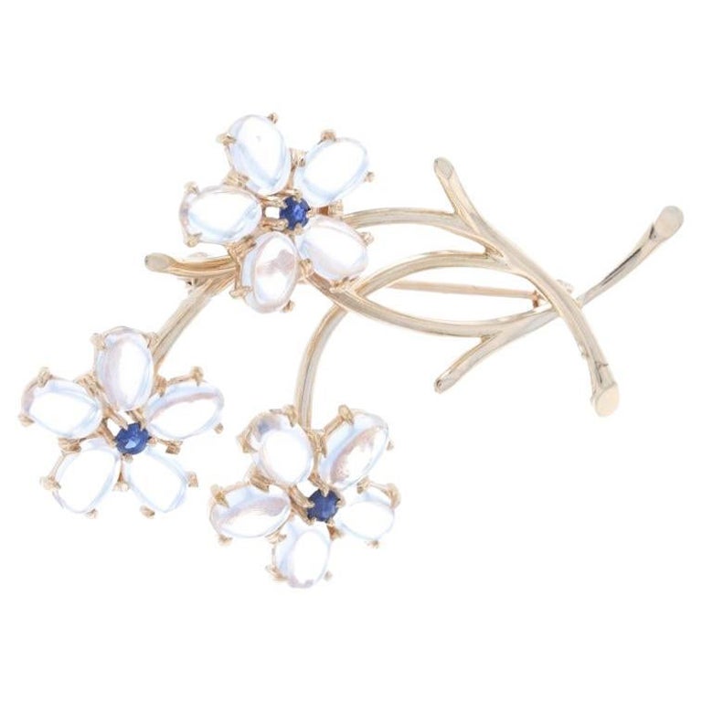 Yellow Gold Moonstone & Sapphire Flower Brooch, 14k Cabochon 6.69ctw Bouquet Pin