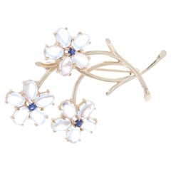 Vintage Yellow Gold Moonstone & Sapphire Flower Brooch, 14k Cabochon 6.69ctw Bouquet Pin