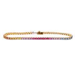 18 Karat Gold 5.32 Carat Round-Cut Multi-Sapphire Rainbow Color Tennis Bracelet