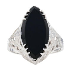 Art Deco Onyx Marquise Solitaire Ring, 10k White Gold Vintage Open Cut