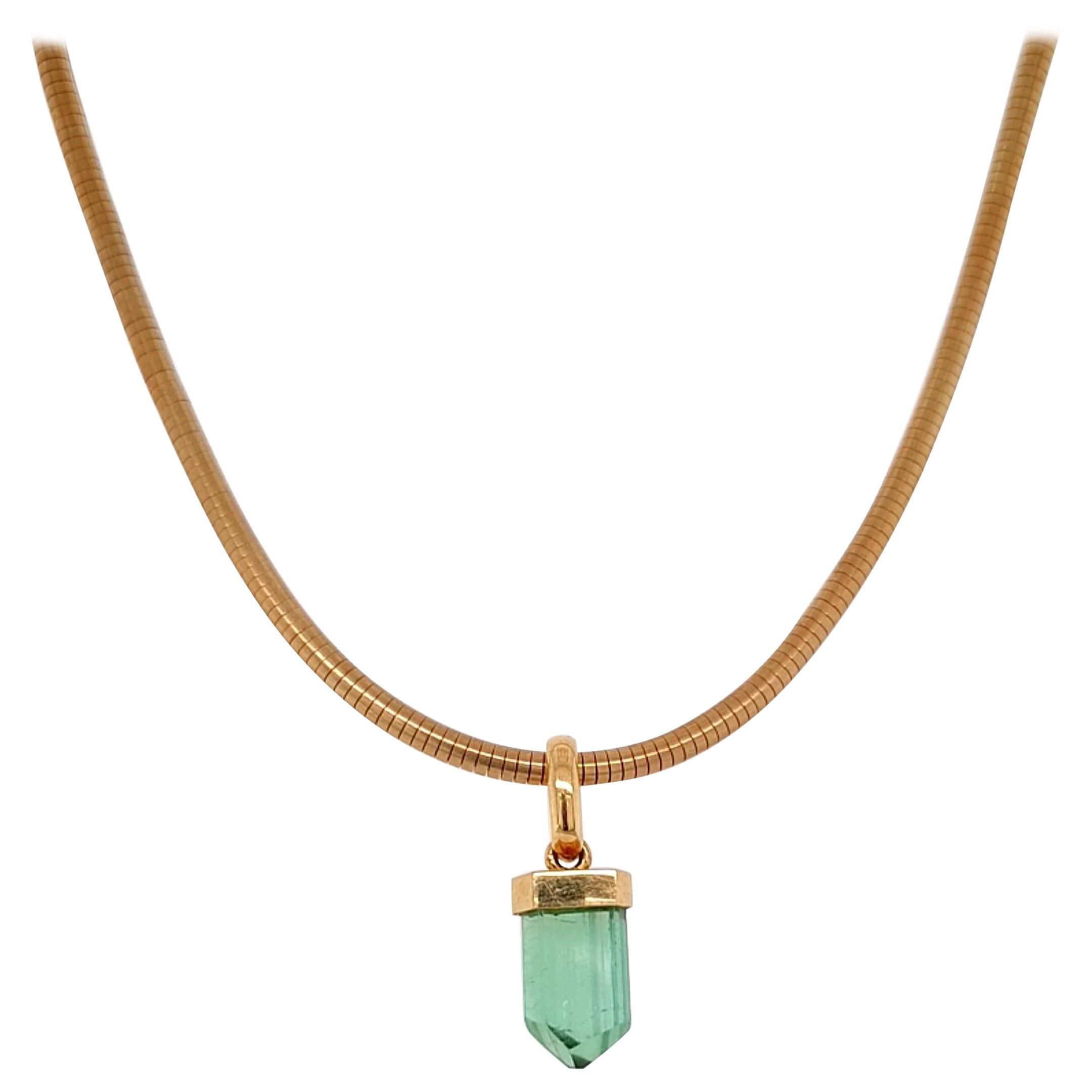 Green Tourmaline Crystal Beaded Pendant with 18 Carat Yellow Gold Snake Chain For Sale