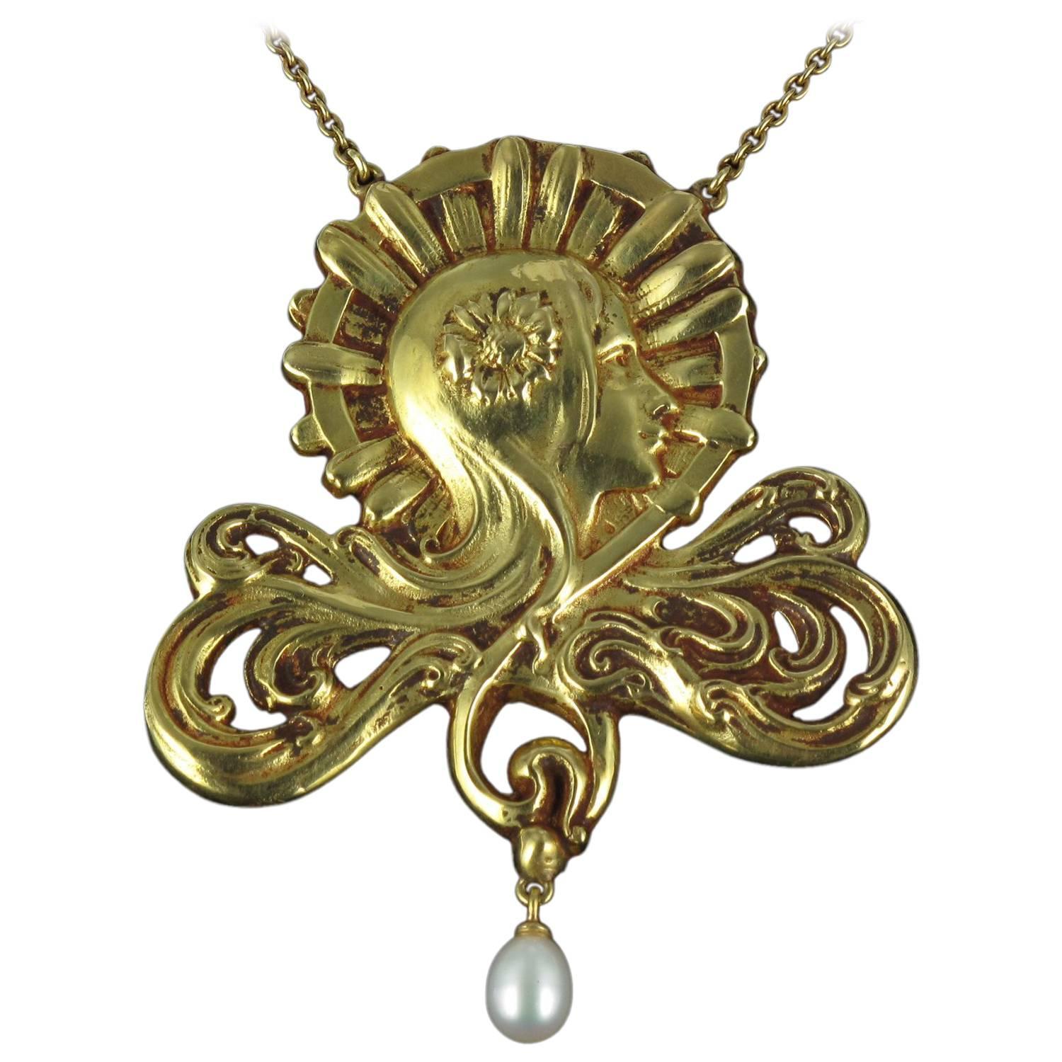 Broche Pendentif Art Nouveau Ancien En Or Jaune 15 Carats Avec Améthyste Et Perles