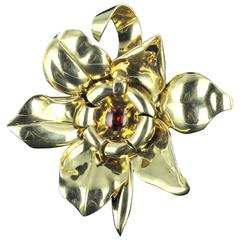 1950s French Orange Garnet Cabochon Gold Flower Brooch 2