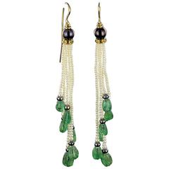 Baume Engraved Emerald Pearl Long Dangle Earrings 7