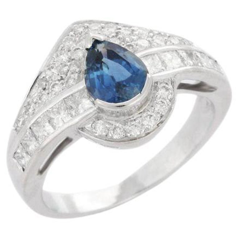 Blue Sapphire Statement Ring in 18k Solid White Gold with Diamonds For Sale