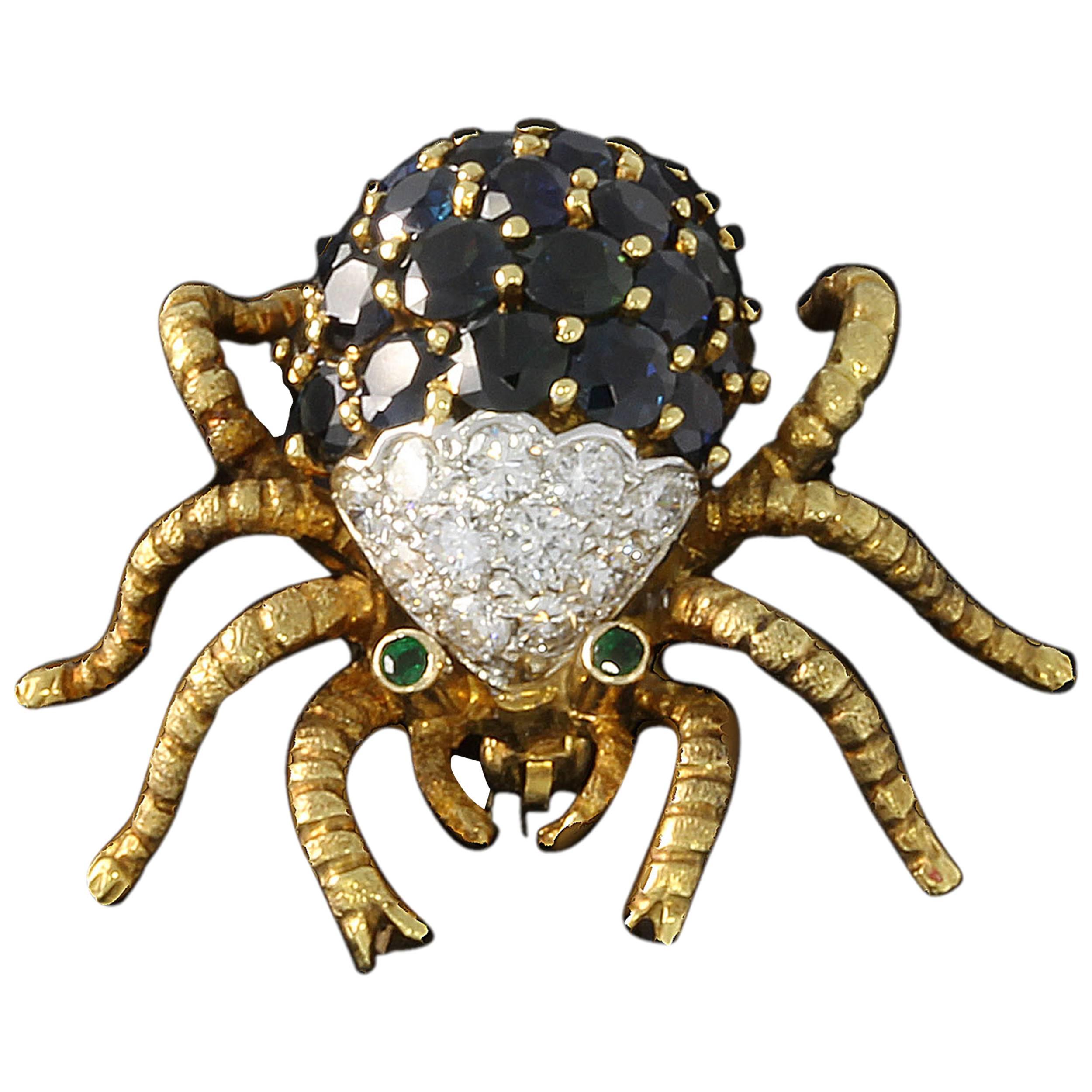 Sapphire Diamond Gold Spider Brooch