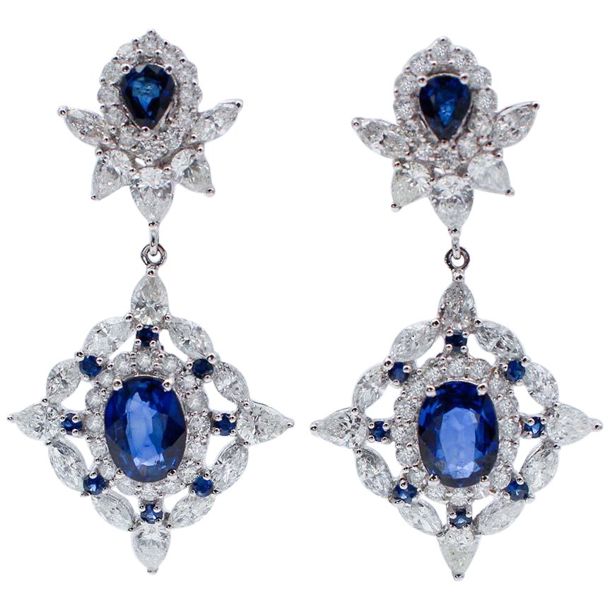 4.28 Carats Blue Sapphires, 5.18 Carats Diamonds, 18 Karat White Gold Earrings