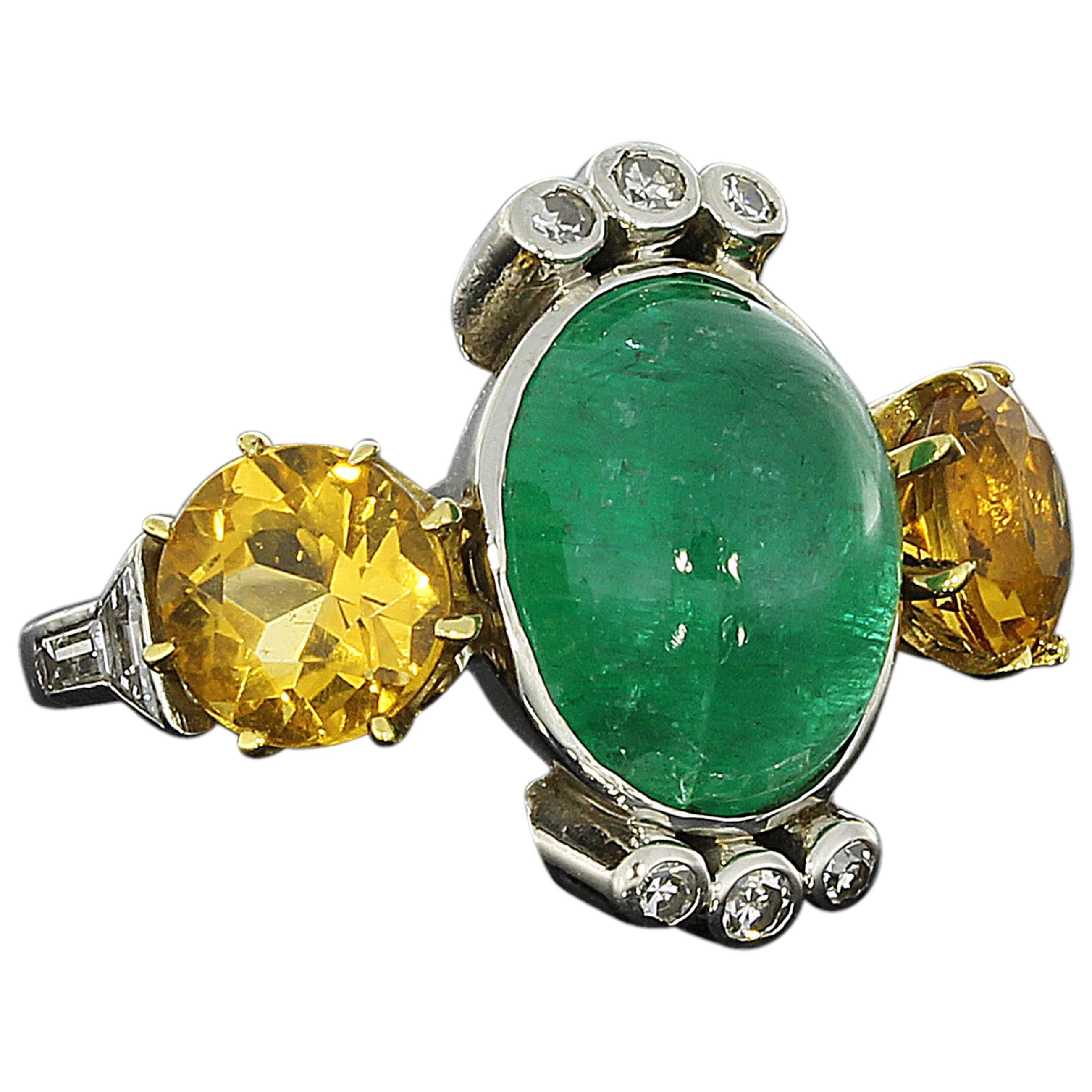 1940s Emerald Cabochon Citrine Diamond Gold Ring For Sale