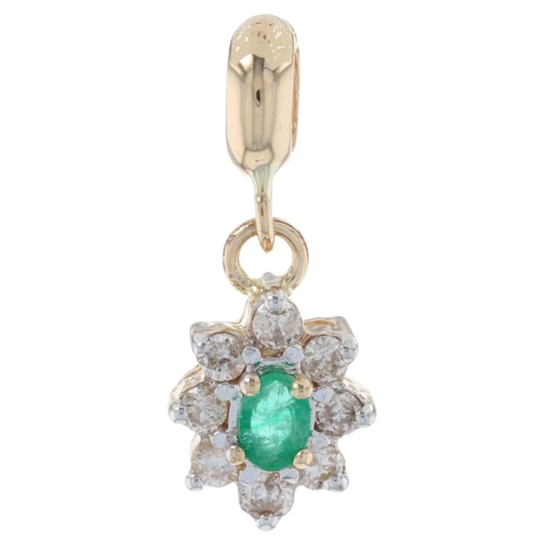 Yellow Gold Emerald & Diamond Flower Halo Enhancer Pendant, 14k Oval Cut .59ctw For Sale