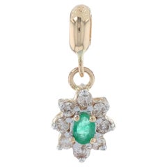 Vintage Yellow Gold Emerald & Diamond Flower Halo Enhancer Pendant, 14k Oval Cut .59ctw
