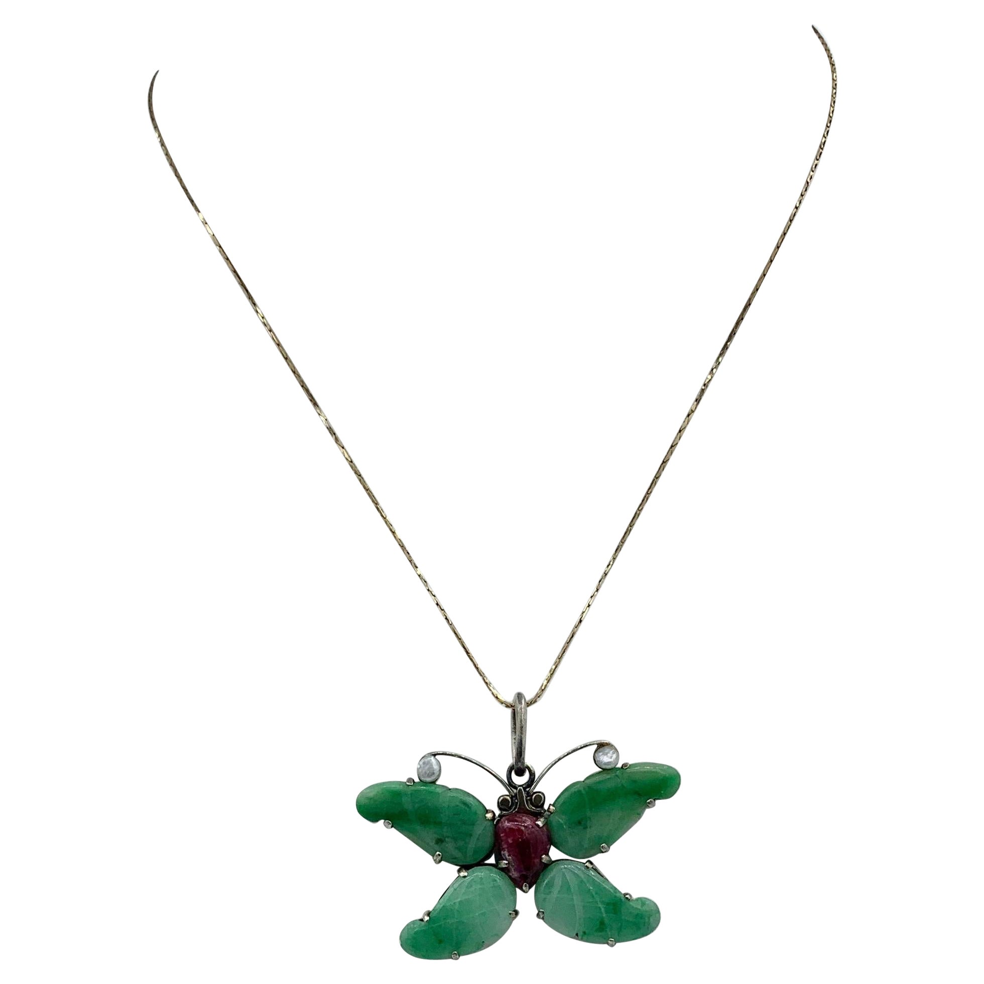 Jade Ruby Pearl Butterfly Pendant Necklace Antique Art Deco Silver Insect For Sale