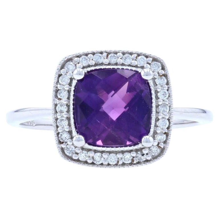 Amethyst- und Diamant-Halo-Ring, 10k Weißgold Checkerboard-Kissen 1,47ctw