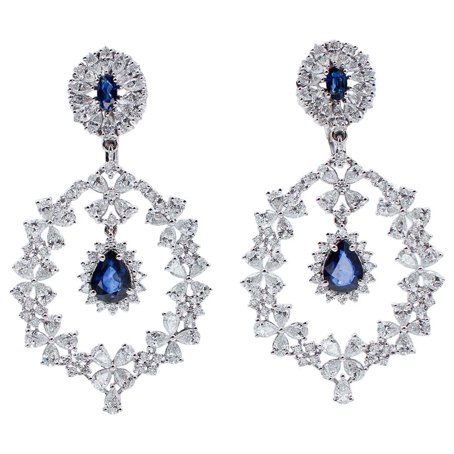 9.28 Carat Diamonds, Blue Sapphires, 18 Karat White Gold Dangle Earrings For Sale