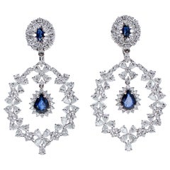 9.28 Carat Diamonds, Blue Sapphires, 18 Karat White Gold Dangle Earrings