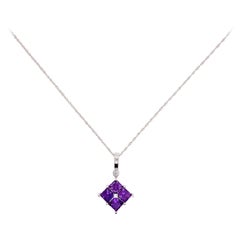 Amethyst Pendant Necklace w Diamonds, White Gold, Square Purple Amethyst Pendant