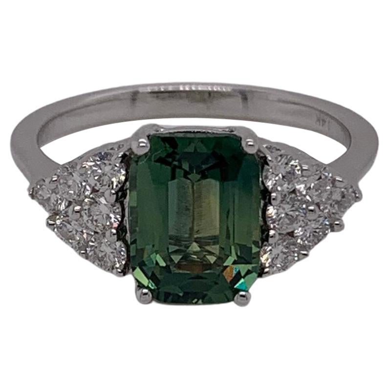 2.58 Carat Cushion Green Sapphire & Diamond Ring For Sale