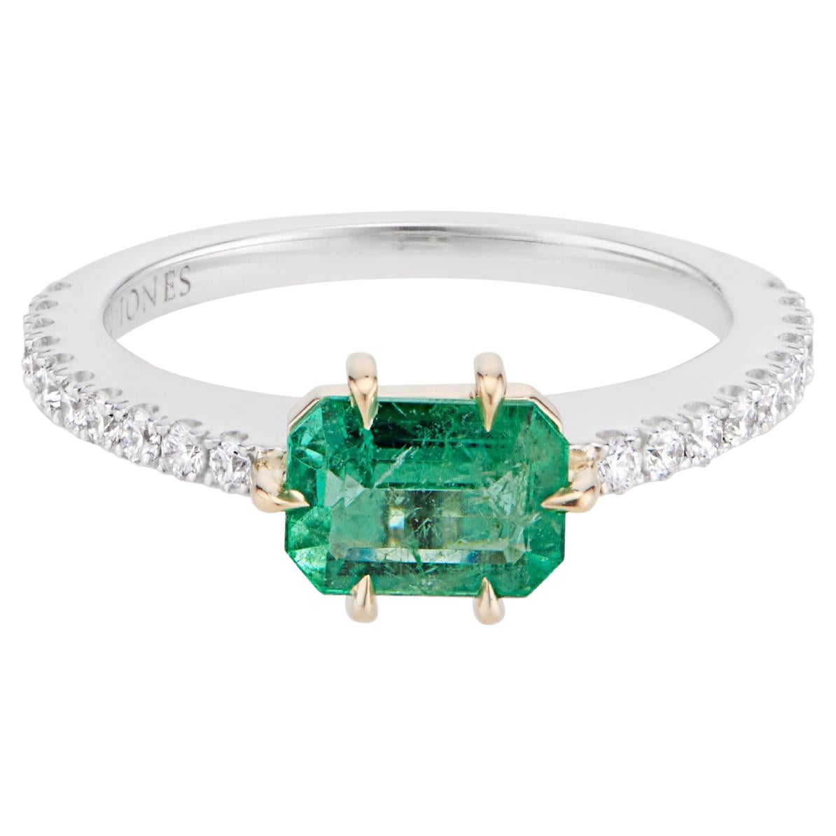 Horizontal 6 Claw Emerald & Diamond Engagement Ring by Harlin Jones For Sale