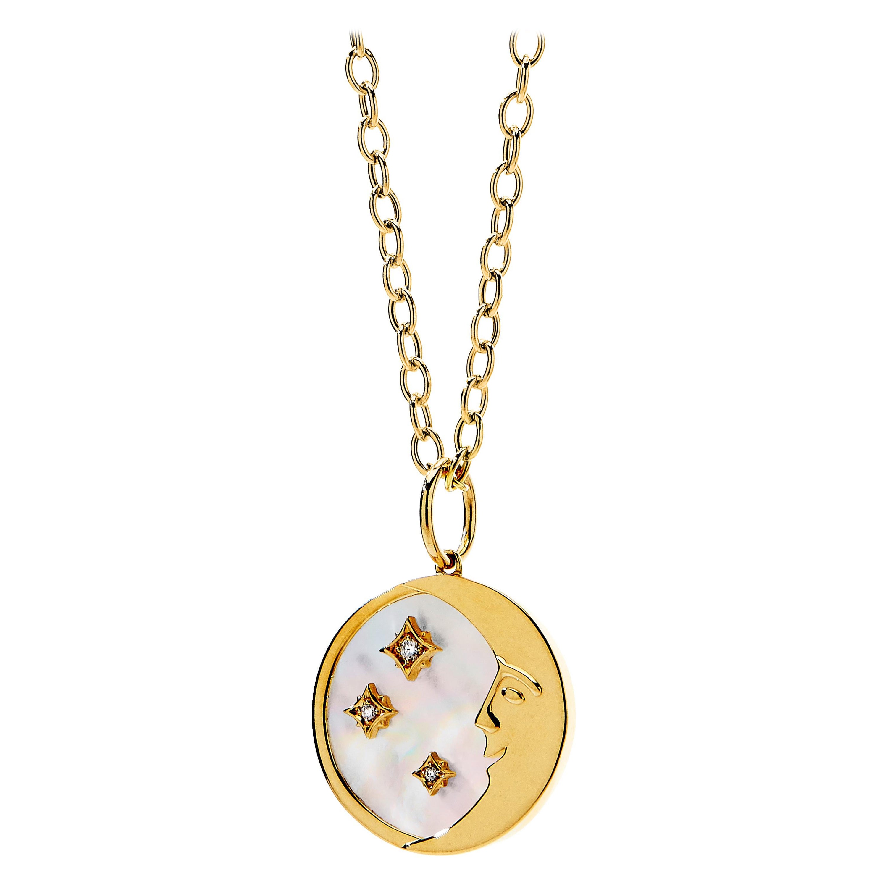 Syna Yellow Gold Moon and Stars Mother of Pearl Pendant with Champagne Diamonds For Sale