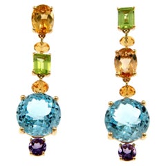 Citrine Peridot Blue Topaz Amethyst Dangle Earrings in 14 Karat Gold