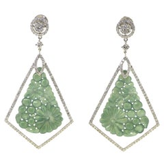 Vintage 26.3ct Jadeite Diamond Drop Earrings in 18 Karat White Gold