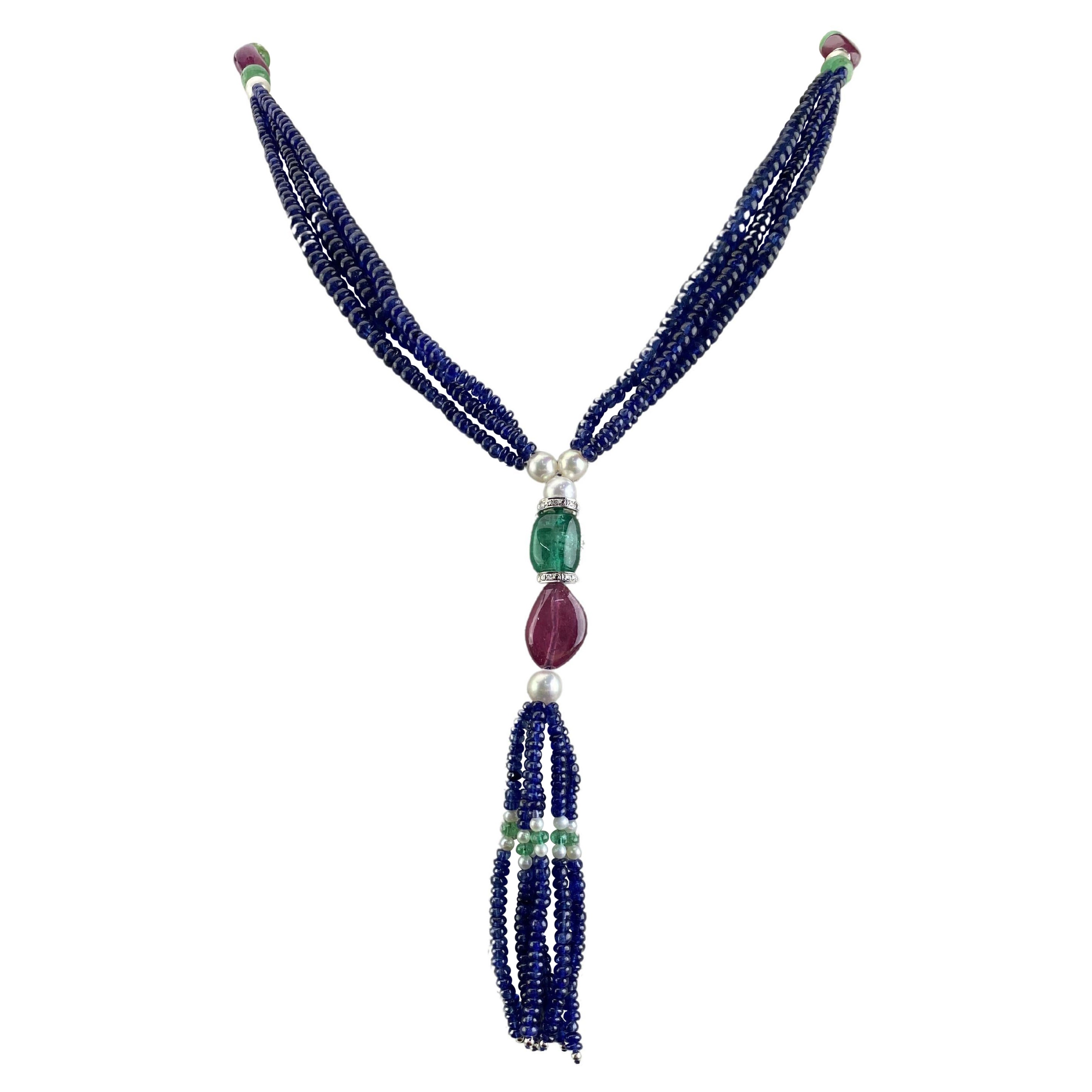 Blue Sapphire, Ruby, Emerald and Pearl Multi Strand Beaded Necklace